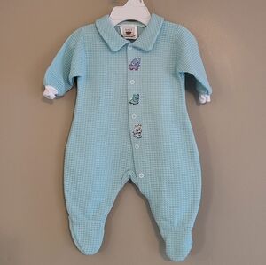 Vintage turquoise embrodiered waffle footed sleeper/footie